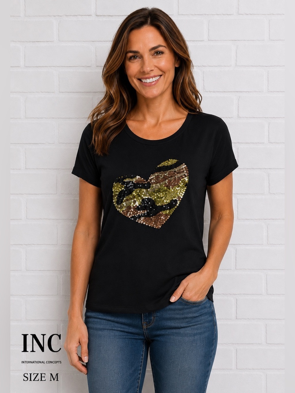 INC International Concepts Black Sequin Heart design short sleeves Top  Size M